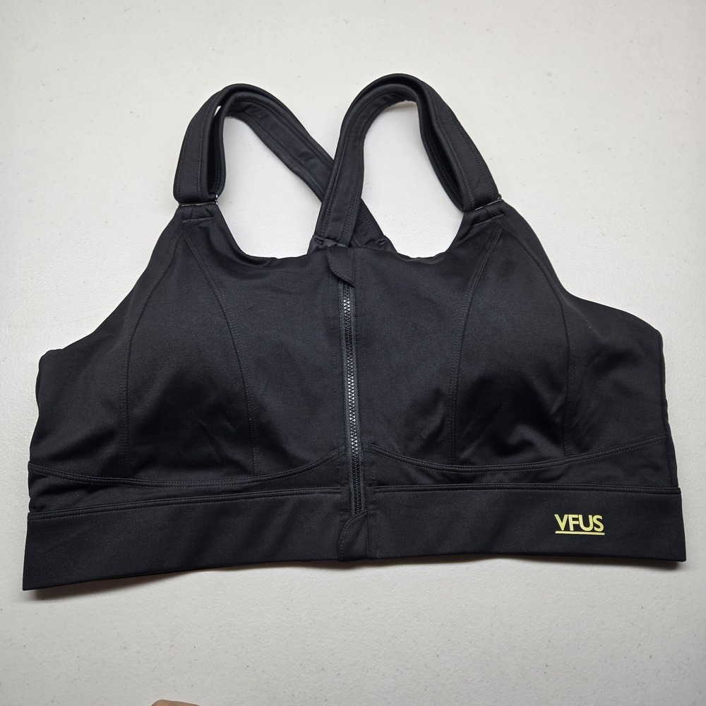 VFUS Women Sports Bra 2XL Black Wireless Wide Strap Racerback Front Zip